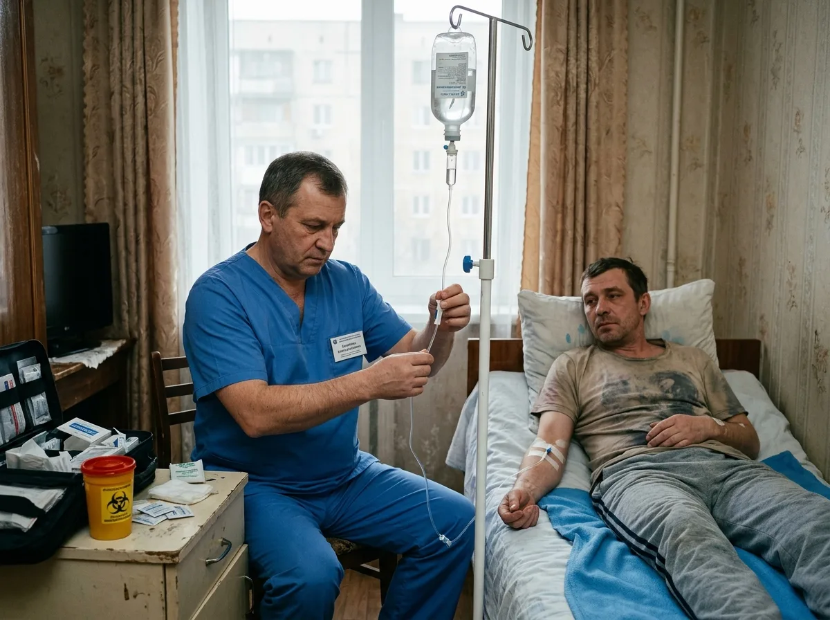 Врач-нарколог ставит капельницу мужчине в постели, вывод из запоя на дому, Волгоград, детоксикация, медицинская процедура