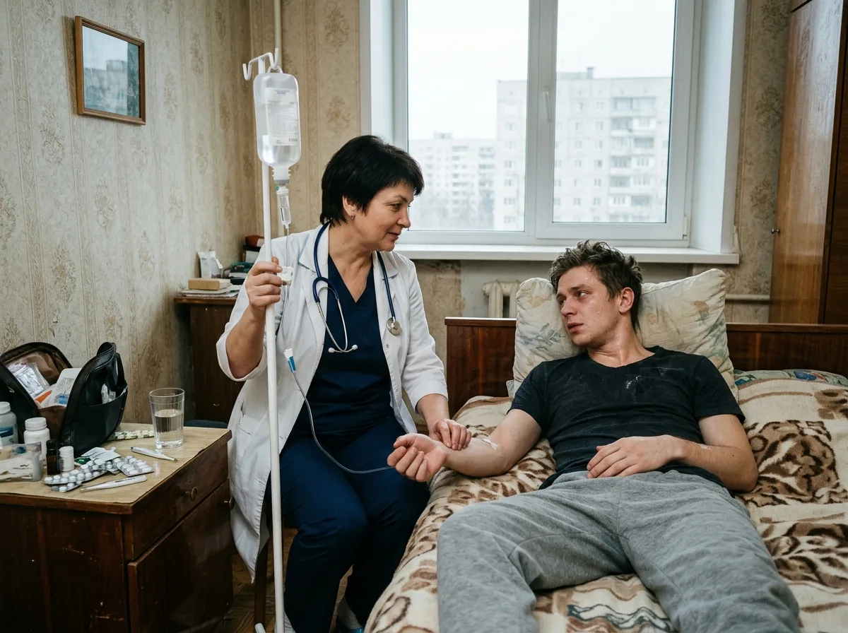 Врач-нарколог помогает пациенту с абстинентным синдромом на дому, снятие ломки, медицинская помощь, Волгоград