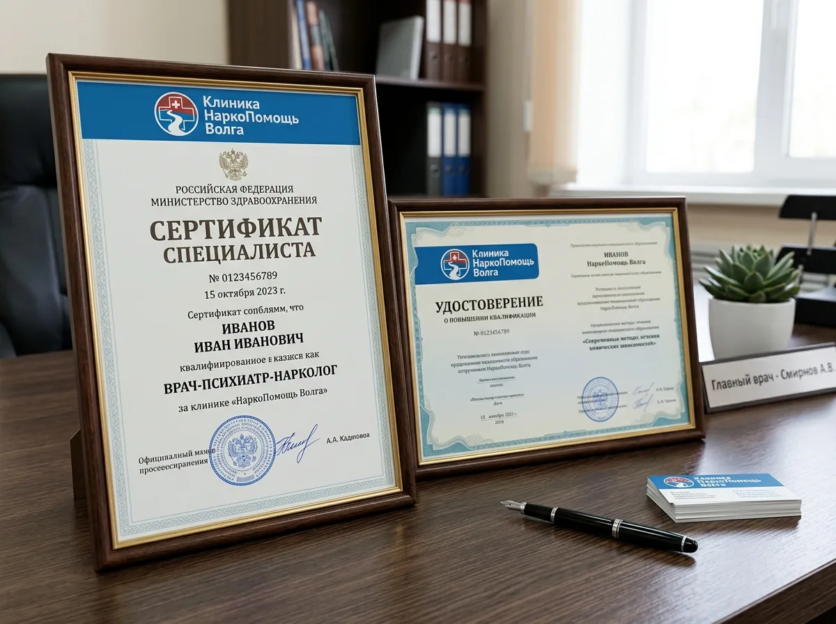 Сертификаты специализации врачей-наркологов клиники НаркоПомощь Волга, документы о повышении квалификации