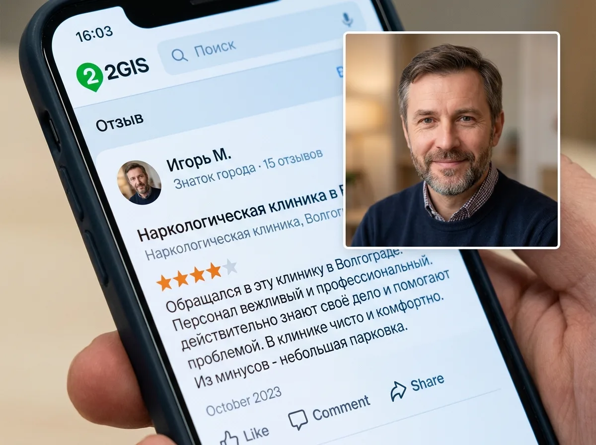 Аватар мужчины средних лет Игорь М., отзыв на сервисе 2ГИС о наркологической клинике Волгоград